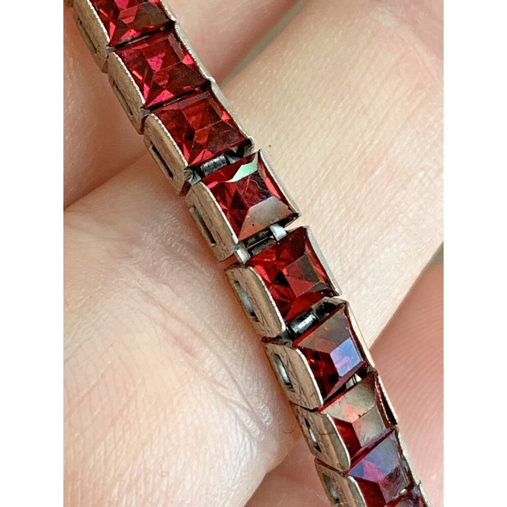 Vintage Red Rhinestone Tennis Bracelet 925 Sterling Silver Square Cut 7" - Picture 6 of 15